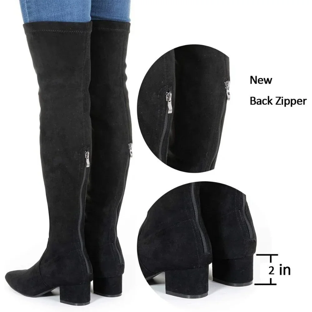 Women Black 2 Inch Over the Knee Thigh High Suede Block Long Pointed toe Boots